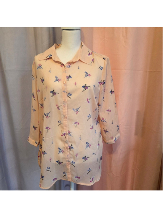attention Tops - Attention Sheer Peach Floral Blouse Feminine Girly Coquette Size L